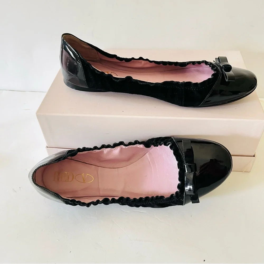 Valentino red black patent and velvet ballet slippers